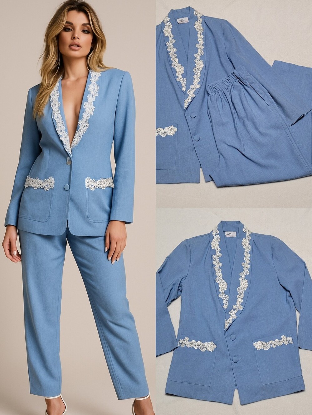 Rare Vintage 70s JoRo Powder Blue Linen White Lace Applique Two-Piece Pants Suit